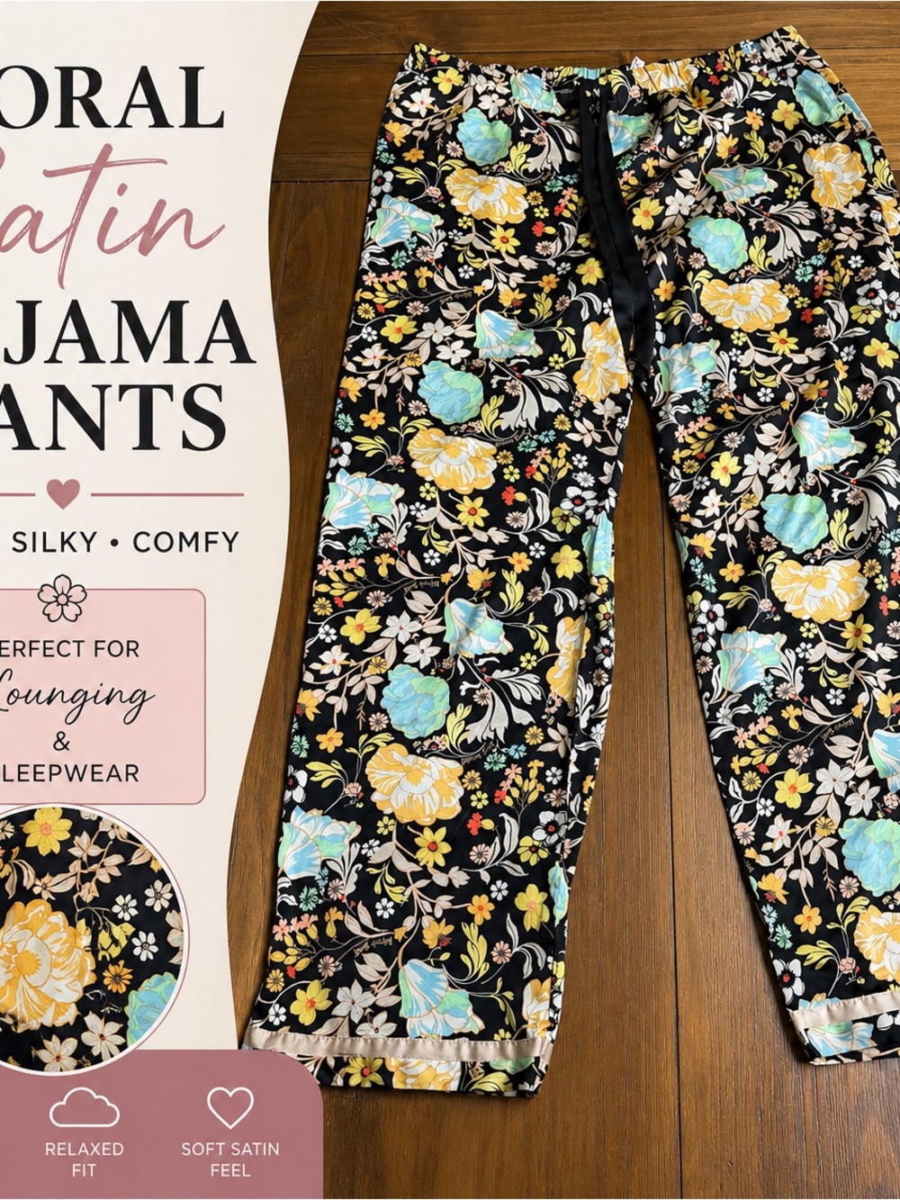 Victoria's Secret Black Floral Satin Pajama Pants
